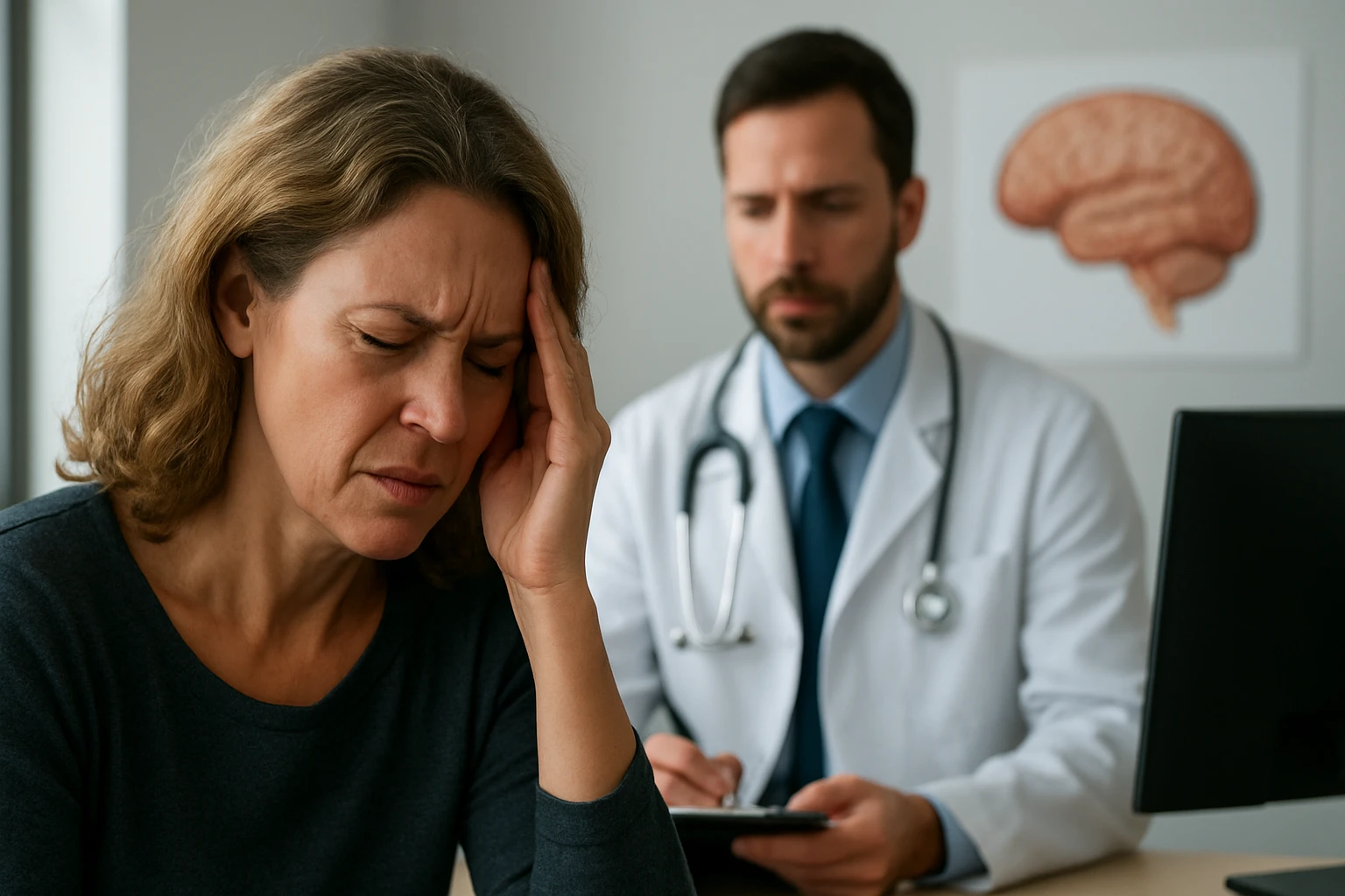 Žena s bolesťou hlavy v kancelárii lekára, ktorý hodnotí jej stav.