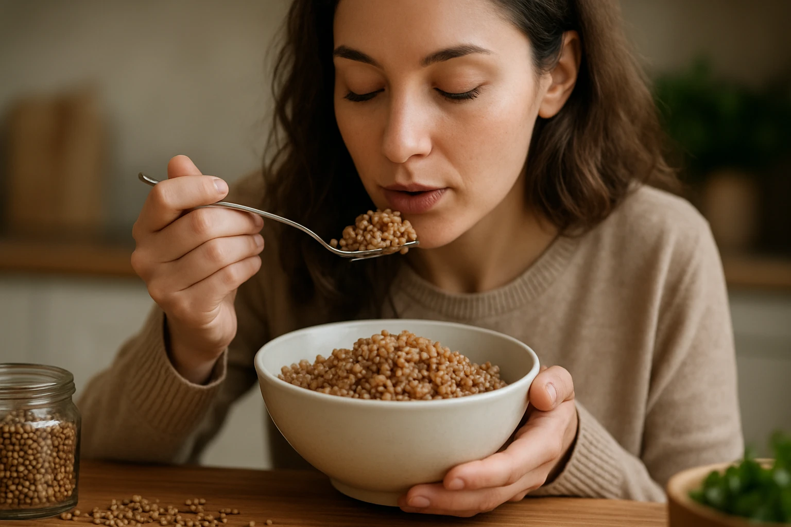 Žena vychutnáva si pohánkovú kašu z misky na zdravé raňajky.