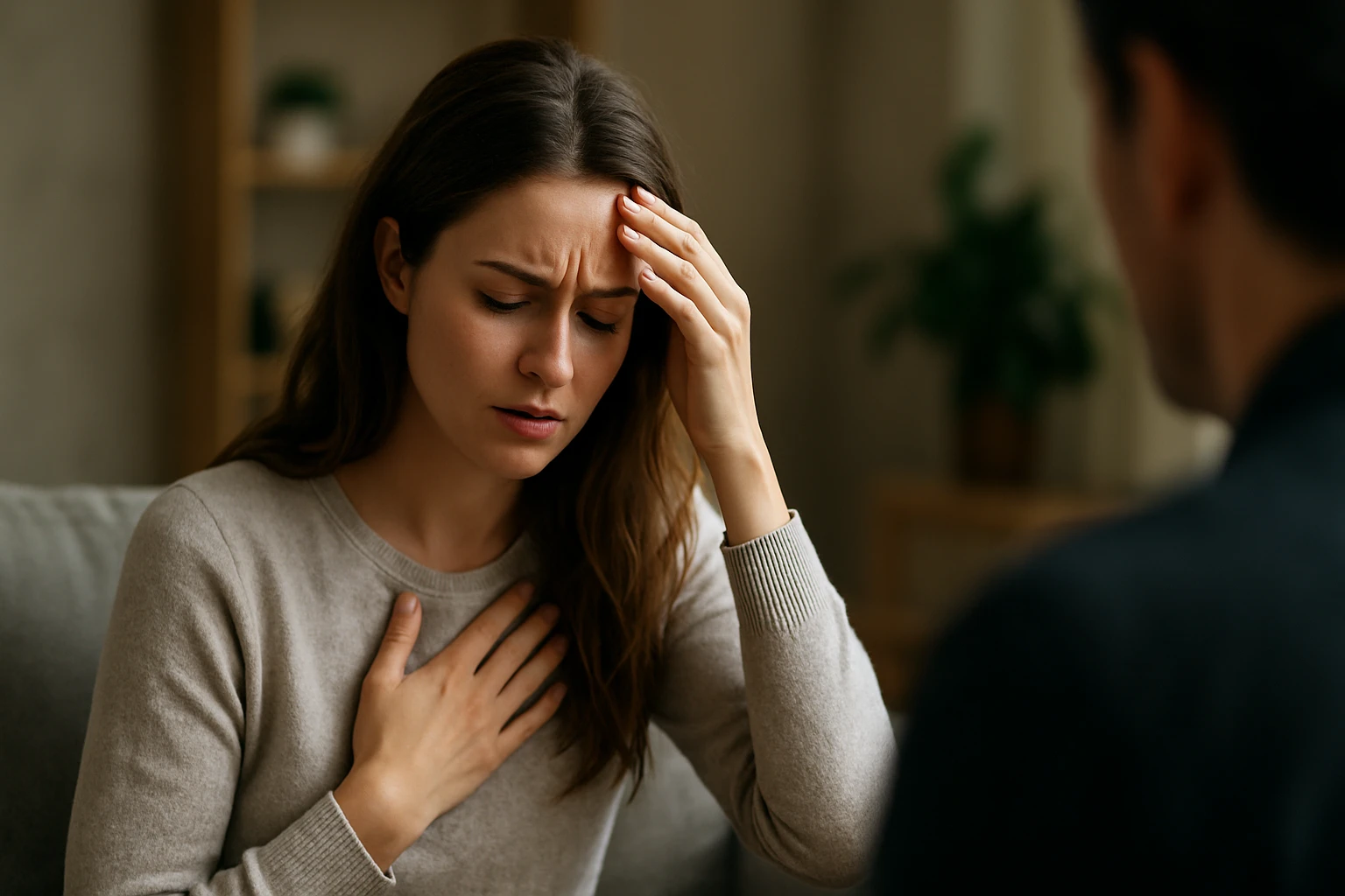 Žena trpiaca frustráciou a fyzickými symptómami prehnaného imunitného systému.