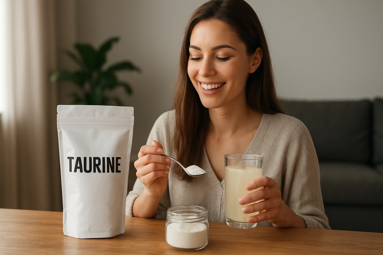 Žena s taurínovým práškom a nápojom v pohári.