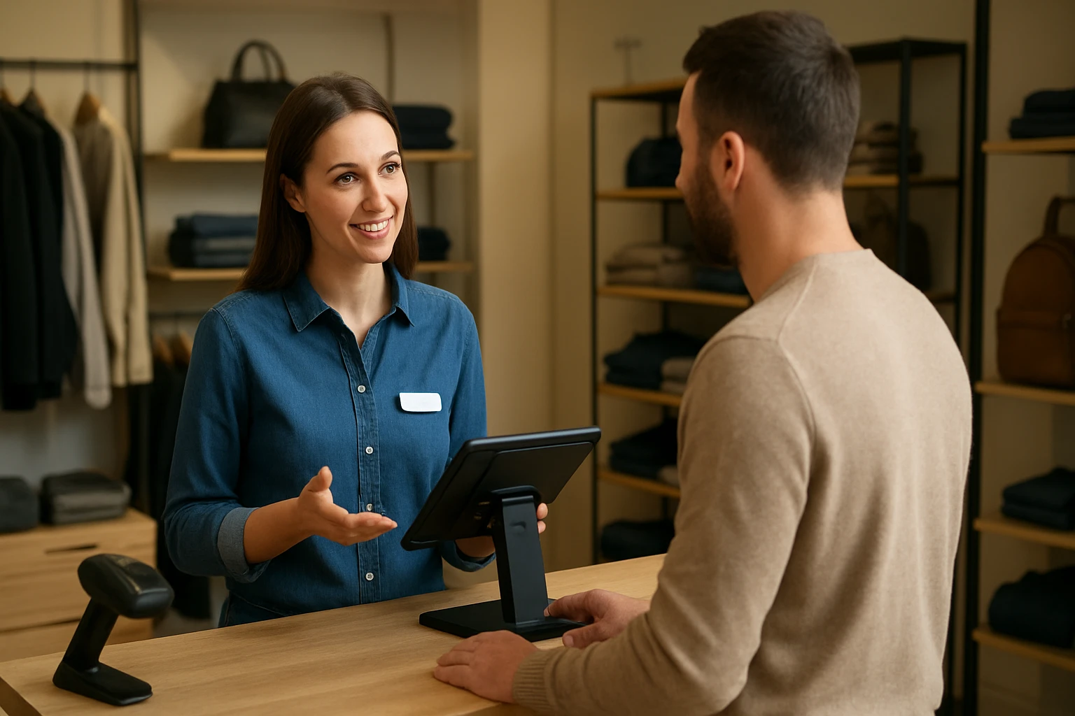 Predajca pomáha zákazníkovi v maloobchode so službami a produktmi