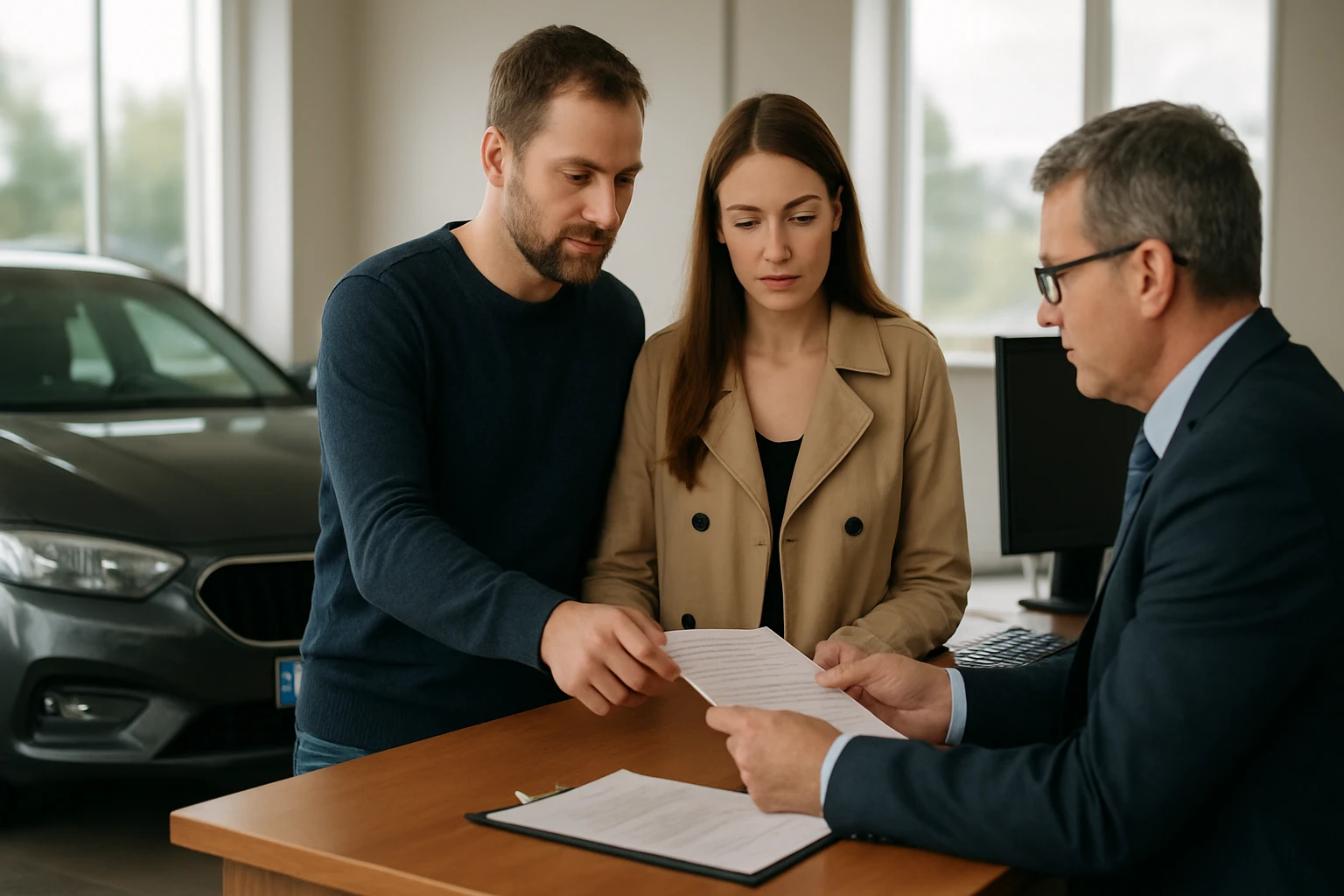 Mladý pár konzultuje nákup auta so zástupcom predajcu