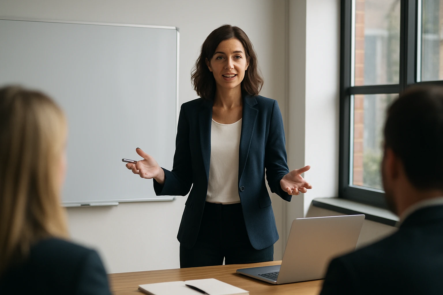 Žena prezentujúca profesionálne predstavenie pred publikom.