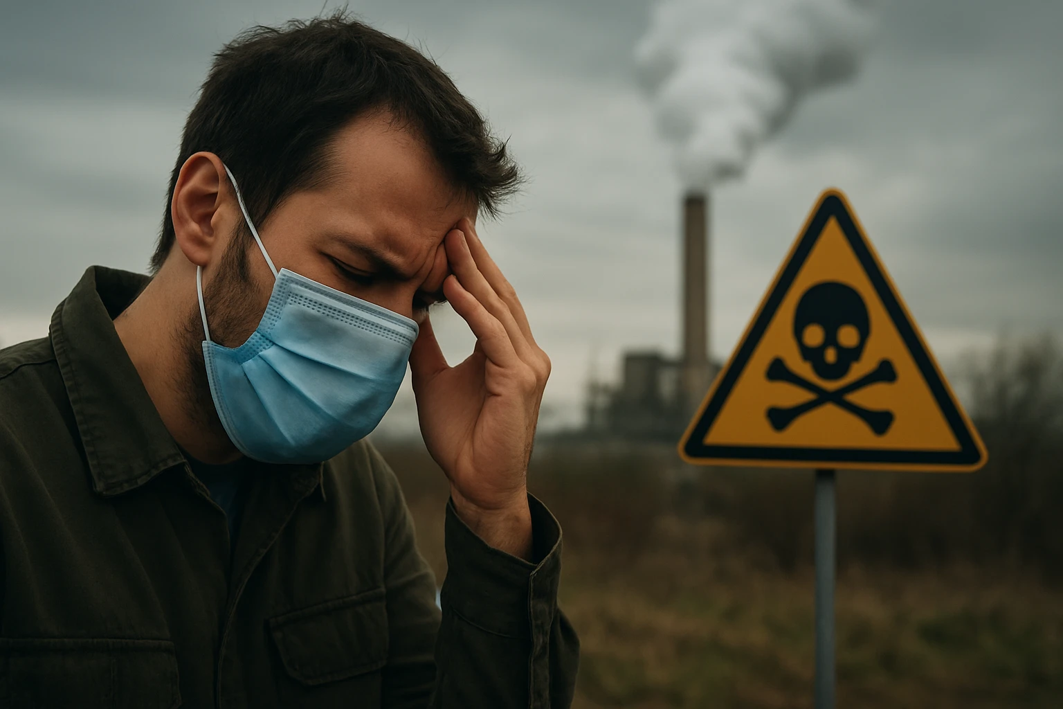 Muž s ochrannou maskou ukazuje na varovný signál nebezpečenstva.