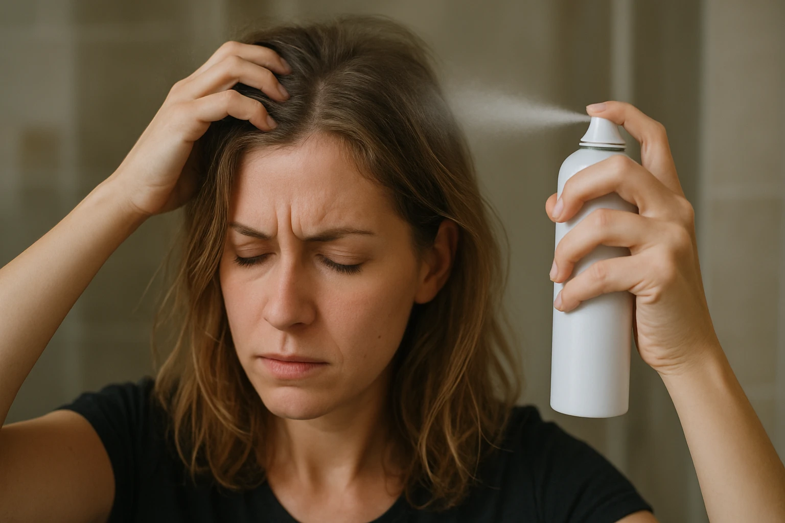 Žena používajúca suchý šampón a vyzerajúca znepokojene.