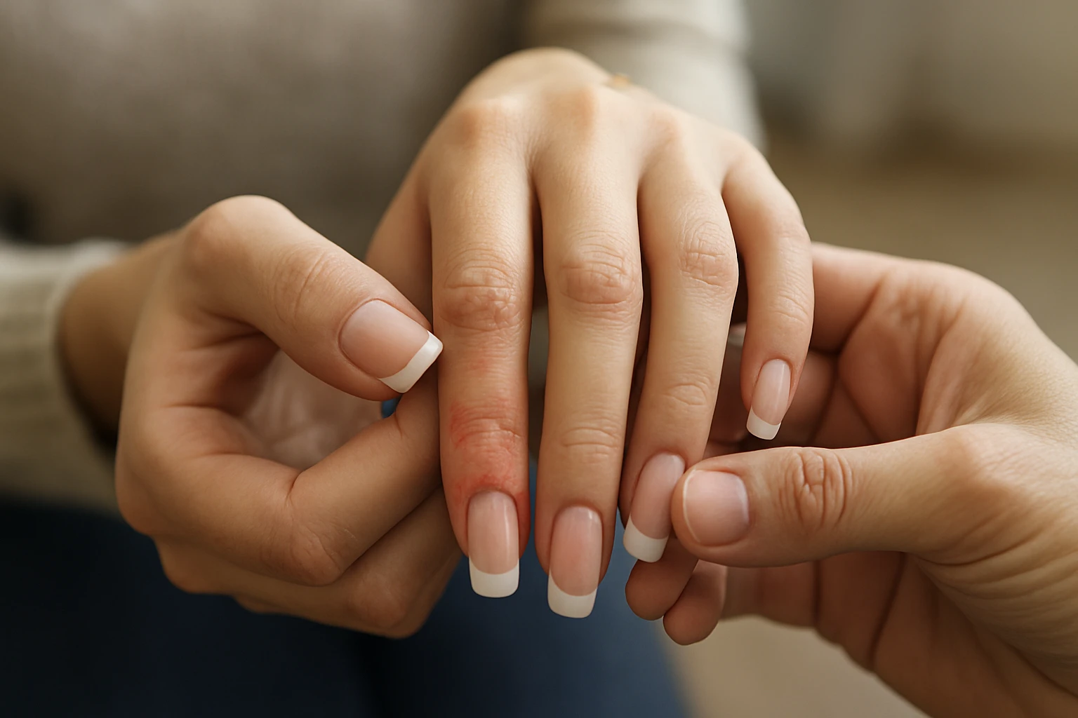 Dve ruky s umelými nechtami, ukazujúce na podráždenie pokožky.