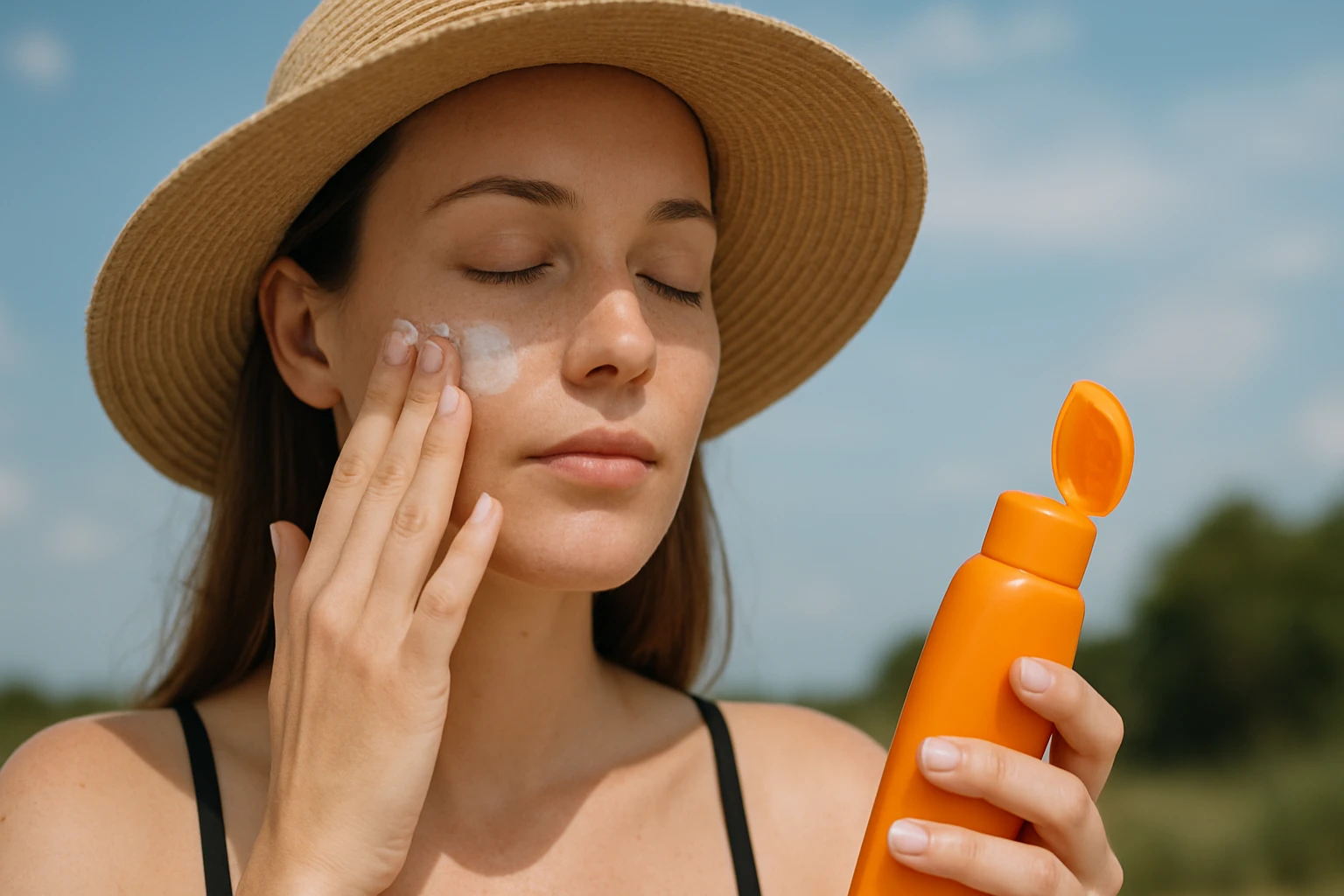 Mladá žena nanáša opaľovací krém na tvár na ochranu pred UV žiarením.