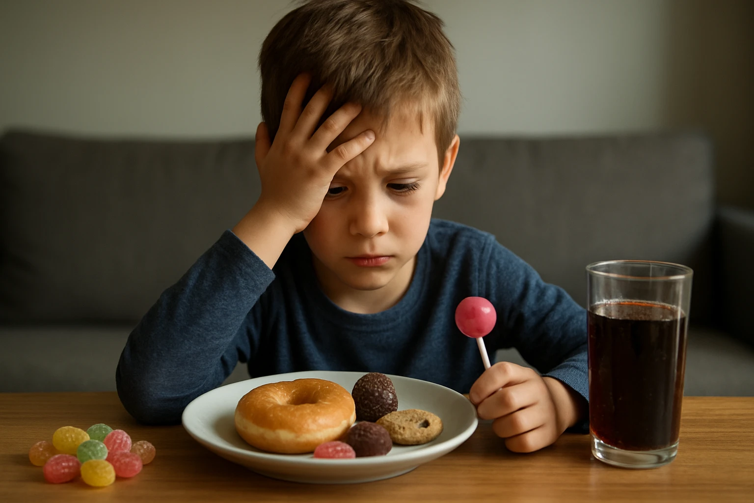 Chlapec so sladkosťami a nápojom, zamyslený nad konzumáciou cukru.