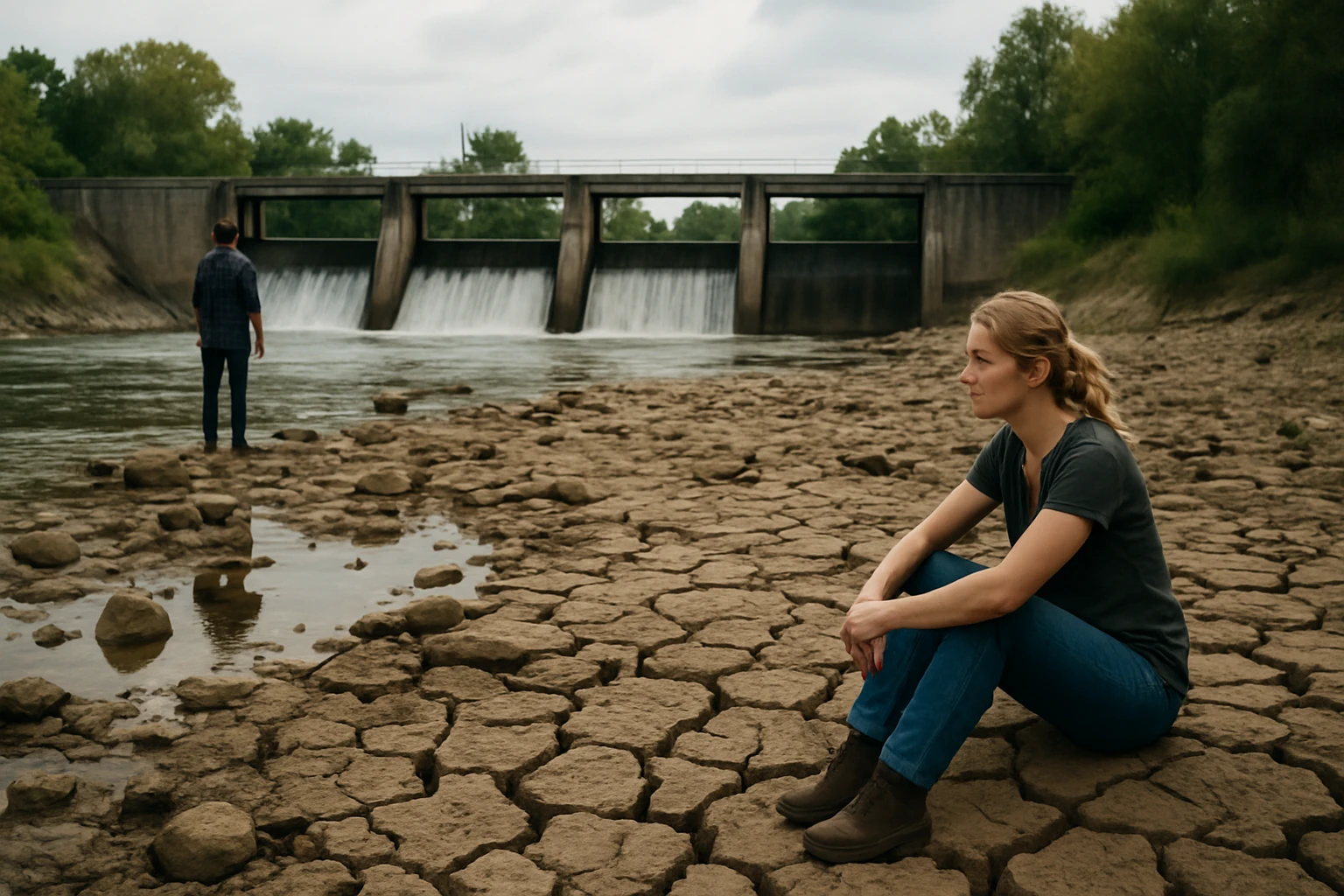 Žena sedí na suchom brehu rieky pri regulácii vodného toku.
