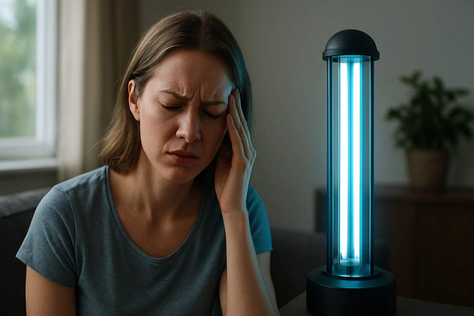 Žena s bolesťou hlavy vedľa germicídnej lampy.