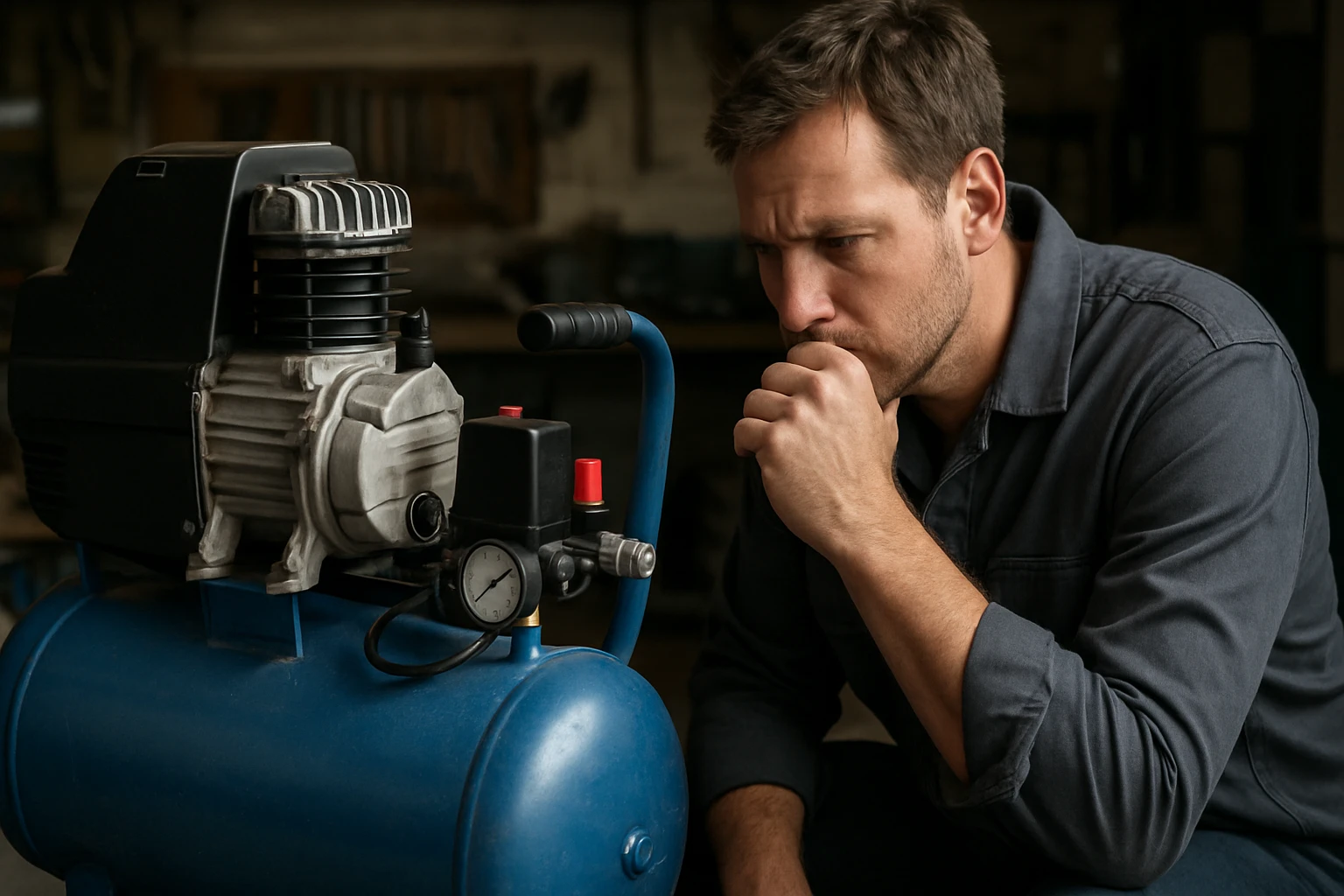 Muž premýšľa o bezolejovom kompresore v dielni.