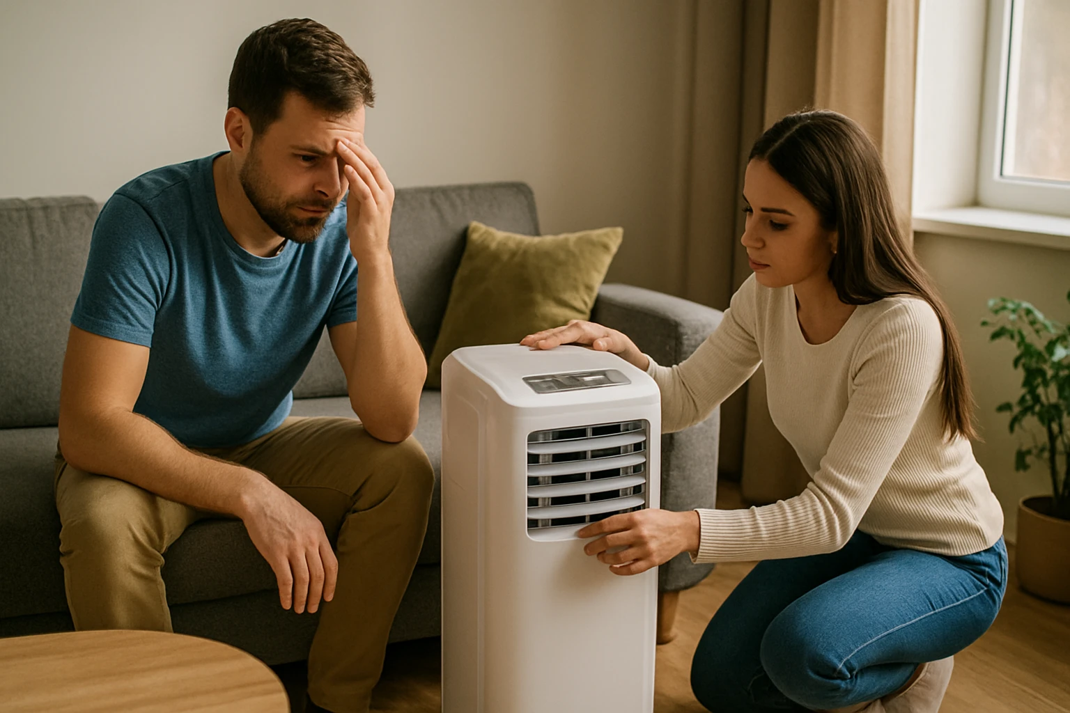 Zariadenie prenosnej klimatizácie Orion v obývačke s dvoma osobami.