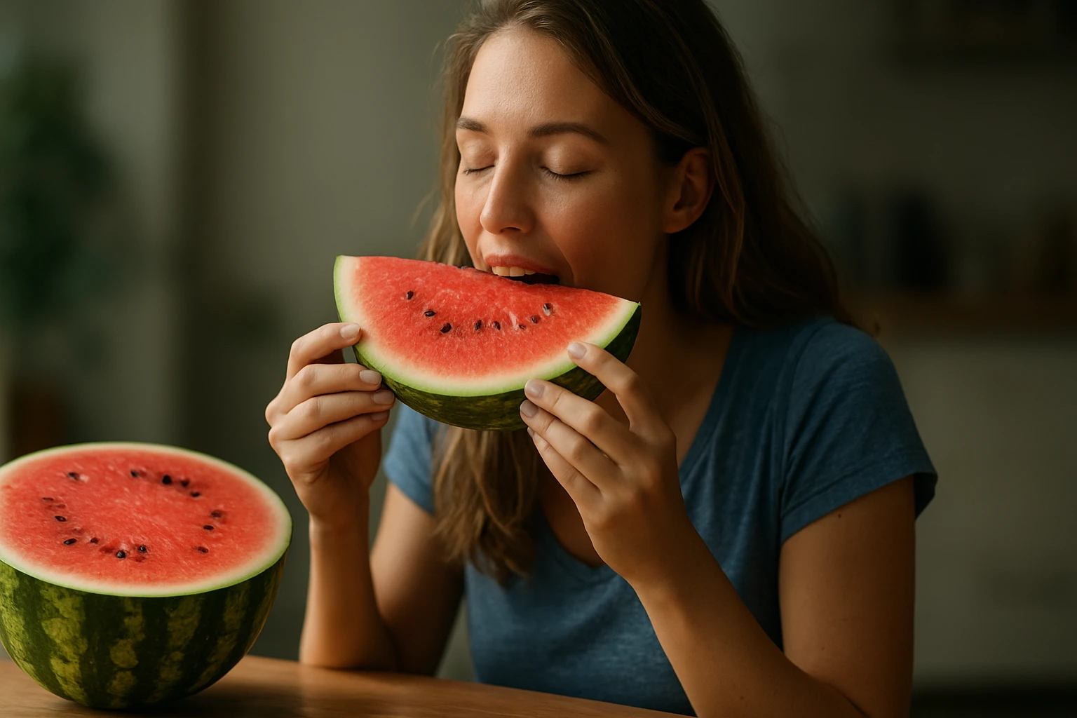 Žena si vychutnáva osviežujúci kúsok melónu.