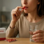 Žena užíva kapsuly Milgamma s pohárom vody.