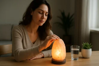 Žena sa dotýka kremennej lampy pri stole s vodou a rastlinou