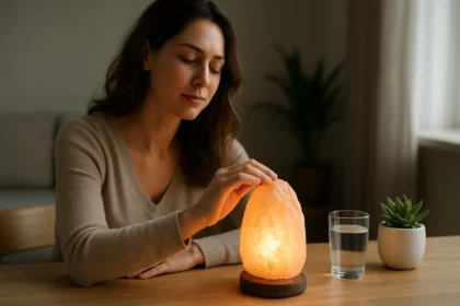 Žena sa dotýka kremennej lampy pri stole s vodou a rastlinou