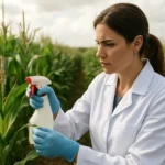 Vedkyňa aplikuje dikambu na rastliny v kukuričnom poli.