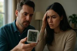 Man and woman checking humidity and temperature on a device