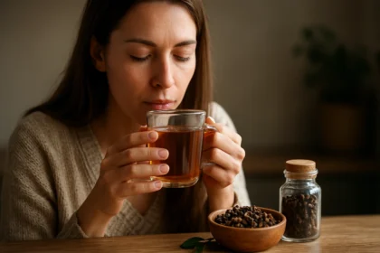 Žena vychutnáva klinčekový čaj, ktorý má zázračné zdravotné účinky.
