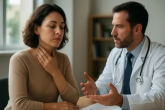Žena diskutuje s lekárom o prištítne teliesko a jeho úlohe v zdraví.