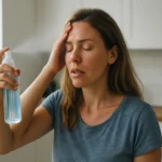 Žena používa chladivý sprej na osvieženie a úľavu od bolesti.