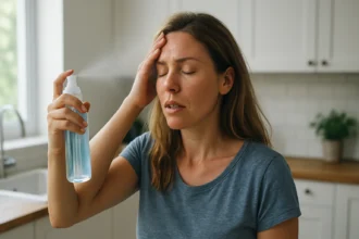 Žena používa chladivý sprej na osvieženie a úľavu od bolesti.