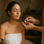 Žena v wellness centre na aromaterapii s olejom vetiveru.