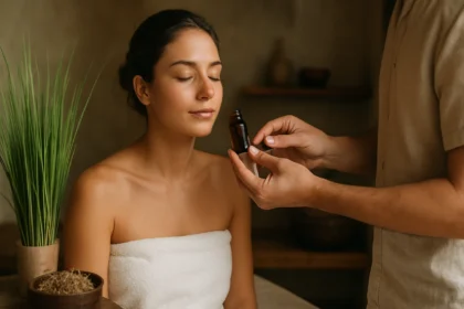 Žena v wellness centre na aromaterapii s olejom vetiveru.