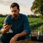 Muži skúmajúci pôdu a humínové kyseliny v zelenom poli