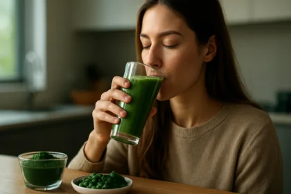 Žena pije zelený smoothie z zelenej riasy pre zdravie a vitalitu
