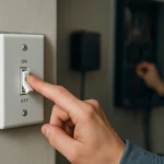 Osoba prepínajúca krížový prepínač na ovládanie svetla