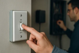 Osoba prepínajúca krížový prepínač na ovládanie svetla