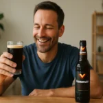 Muž si užíva Karamalz pivo v sklenici s úsměvom na tvári.