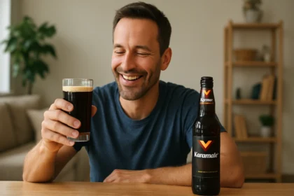 Muž si užíva Karamalz pivo v sklenici s úsměvom na tvári.