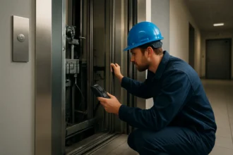 Technik kontroluje výťahové zariadenie s modrou prilbou.