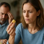 Žena drží kus potravy a zamyslene sa pozerá na muža v pozadí.