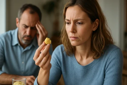 Žena drží kus potravy a zamyslene sa pozerá na muža v pozadí.