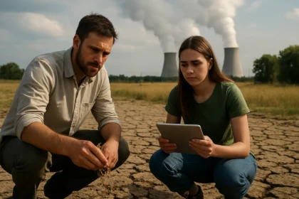 Mladý pár skúma sucho a dopady klimatických zmien na životné prostredie.