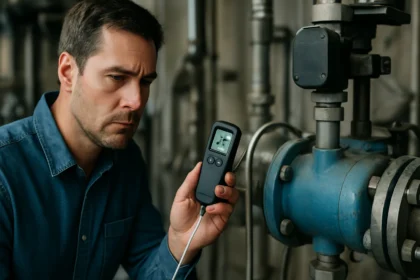 Muž kontrolujúci snímač teploty pri priemyselných potrubiach