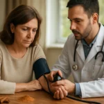 Lekár meria krvný tlak pacientky so škoricou na stole