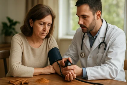 Lekár meria krvný tlak pacientky so škoricou na stole