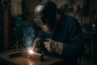 Zvárač vykonáva MIG zváranie na kovových materiáloch.