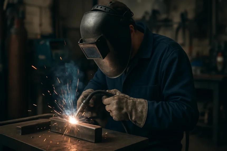 Zvárač vykonáva MIG zváranie na kovových materiáloch.