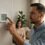 Muž nastavuje senzor vlhkosti na reguláciu vnútorného klimatu.