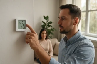 Muž nastavuje senzor vlhkosti na reguláciu vnútorného klimatu.