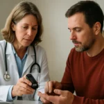 Lekárka vysvetľuje pacientovi monitorovanie cukru pri cukrovke.