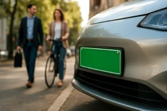 Zelená poznávacia značka na aute s cyklistkou a chôdzou v pozadí.