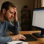 Muž so stresom pri zamrznutom Microsoft Word na počítači.