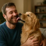 Muž sa hrá so svojím zlatým retrieverom, šťastný moment
