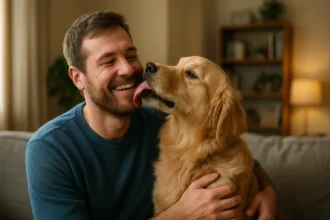 Muž sa hrá so svojím zlatým retrieverom, šťastný moment